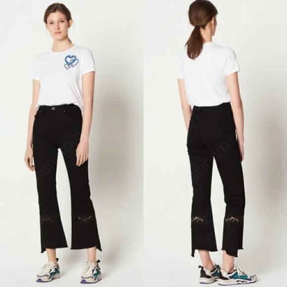 Sandro Paris Tori Flared Lace Inset High Rise Raw Hem Jeans Size 38 (M /6-8) - Picture 1 of 10